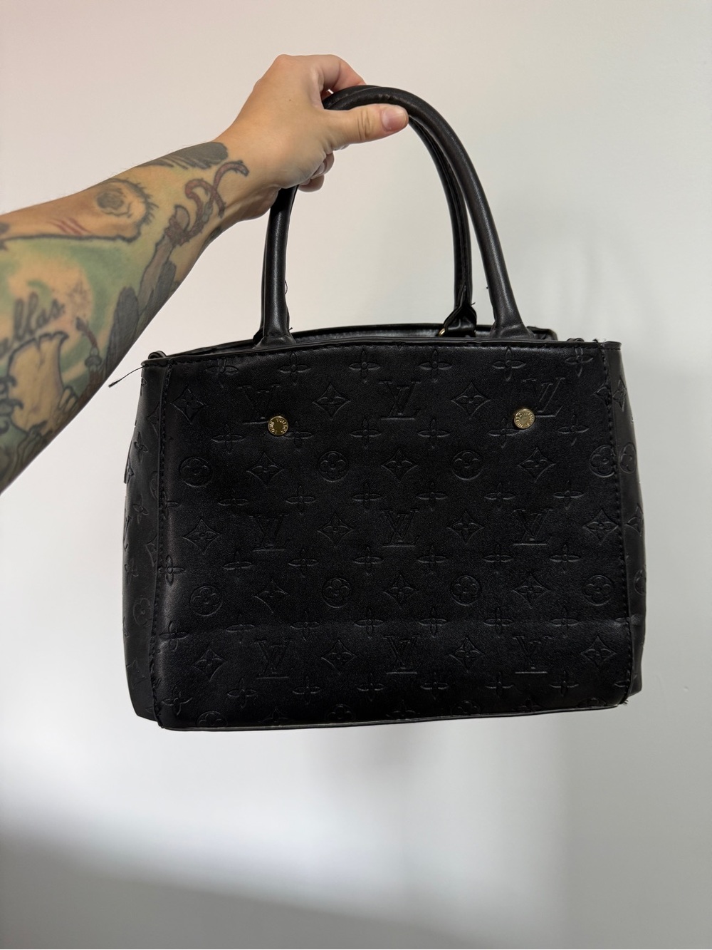 Designer-Style Black Embossed Leather Tote Bag
